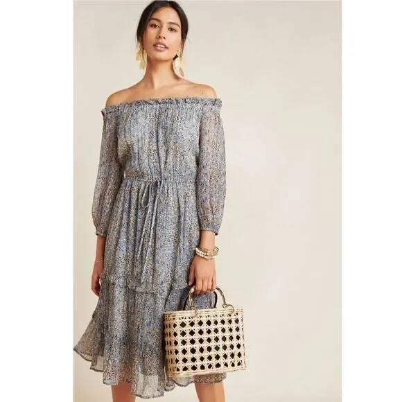 Anthropologie Kira Off-the-Shoulder Peasant Dress Blue Floral 6P - Picture 1 of 10